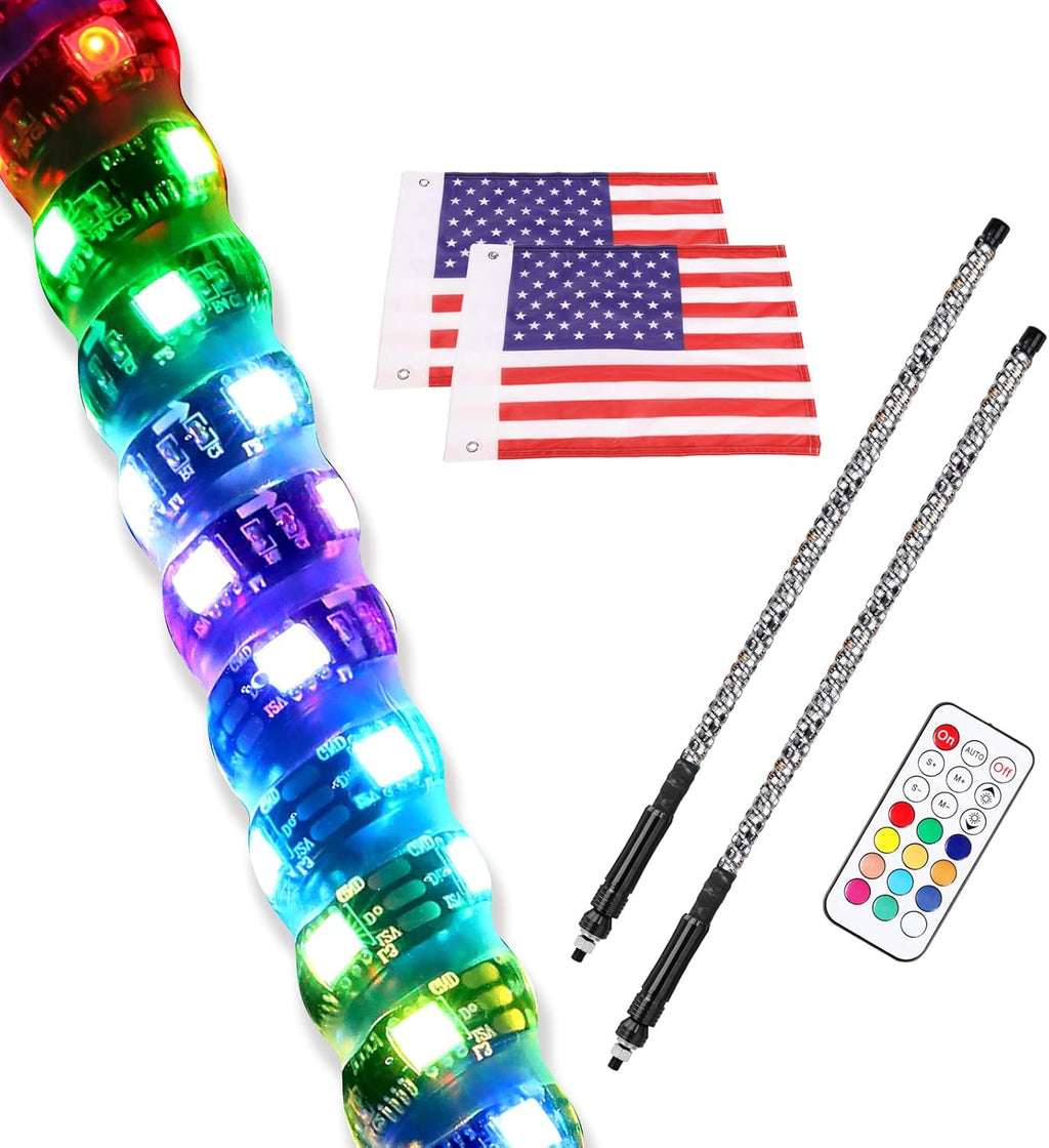 2PCS 3FT RGB Spiral LED Whip Lights for UTV ATV Offroad Trucks T306450