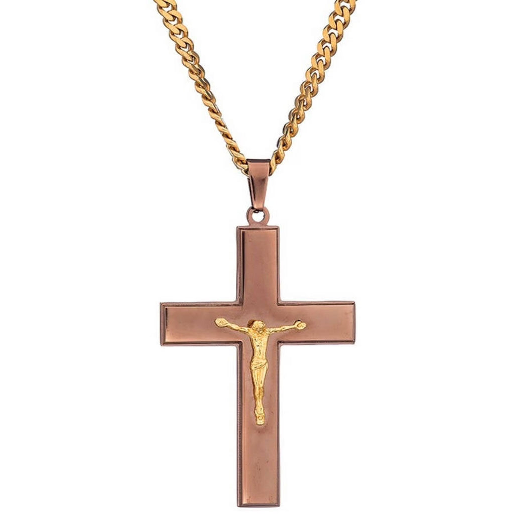 Stainless Steel Chocolate IP Brown-Tone Cross Crucifix with Gold-Tone Jesus, 24" Chain Z53358