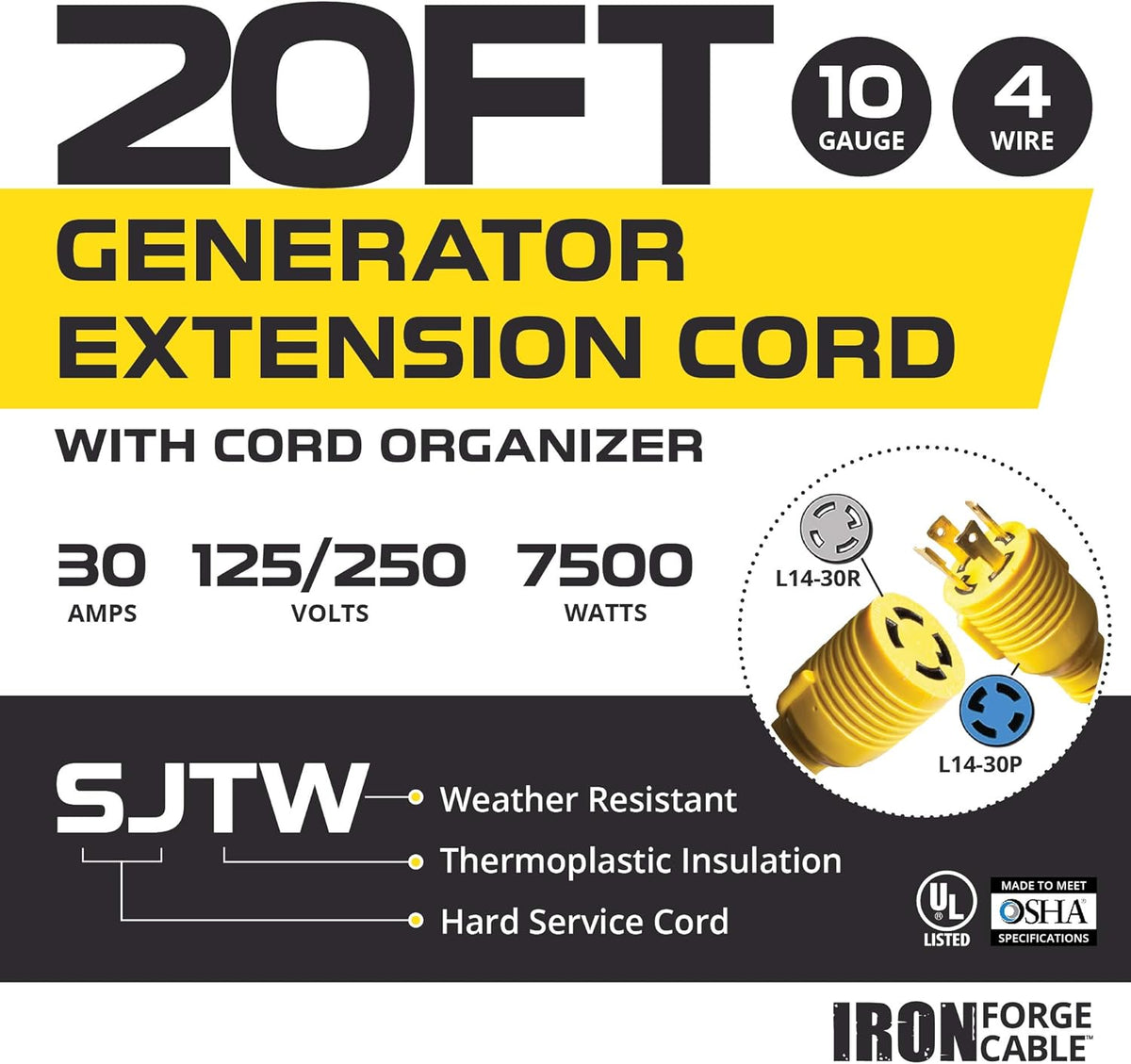 20 Ft 10/4 SJTW Generator Power Cable, 125/250v, 7500 Watt, Pack of 2 X228