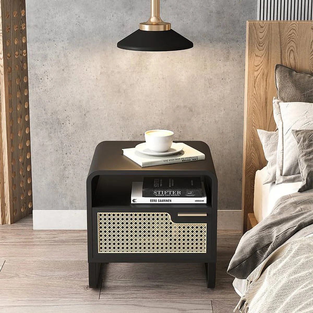 Black Rattan Woven Nightstand with 1 Drawer G938