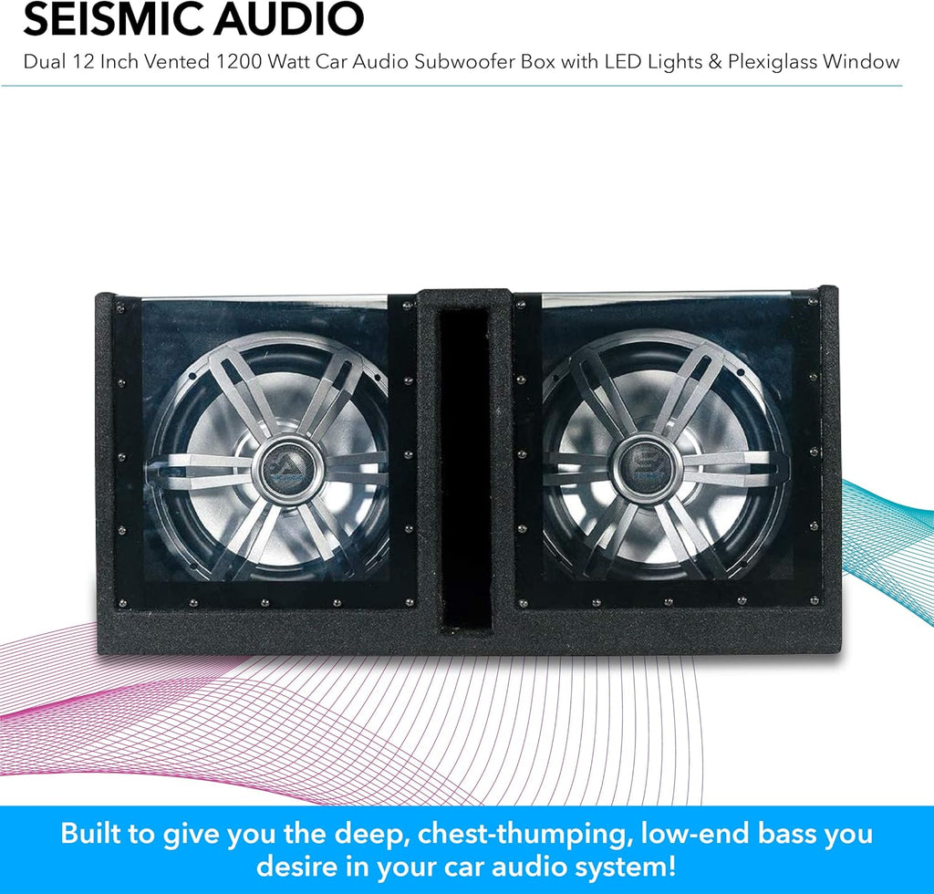 Dual 12 Inch Vented 1200 Watt Car Audio Subwoofer Box with LED Lights & Plexiglass Window X644