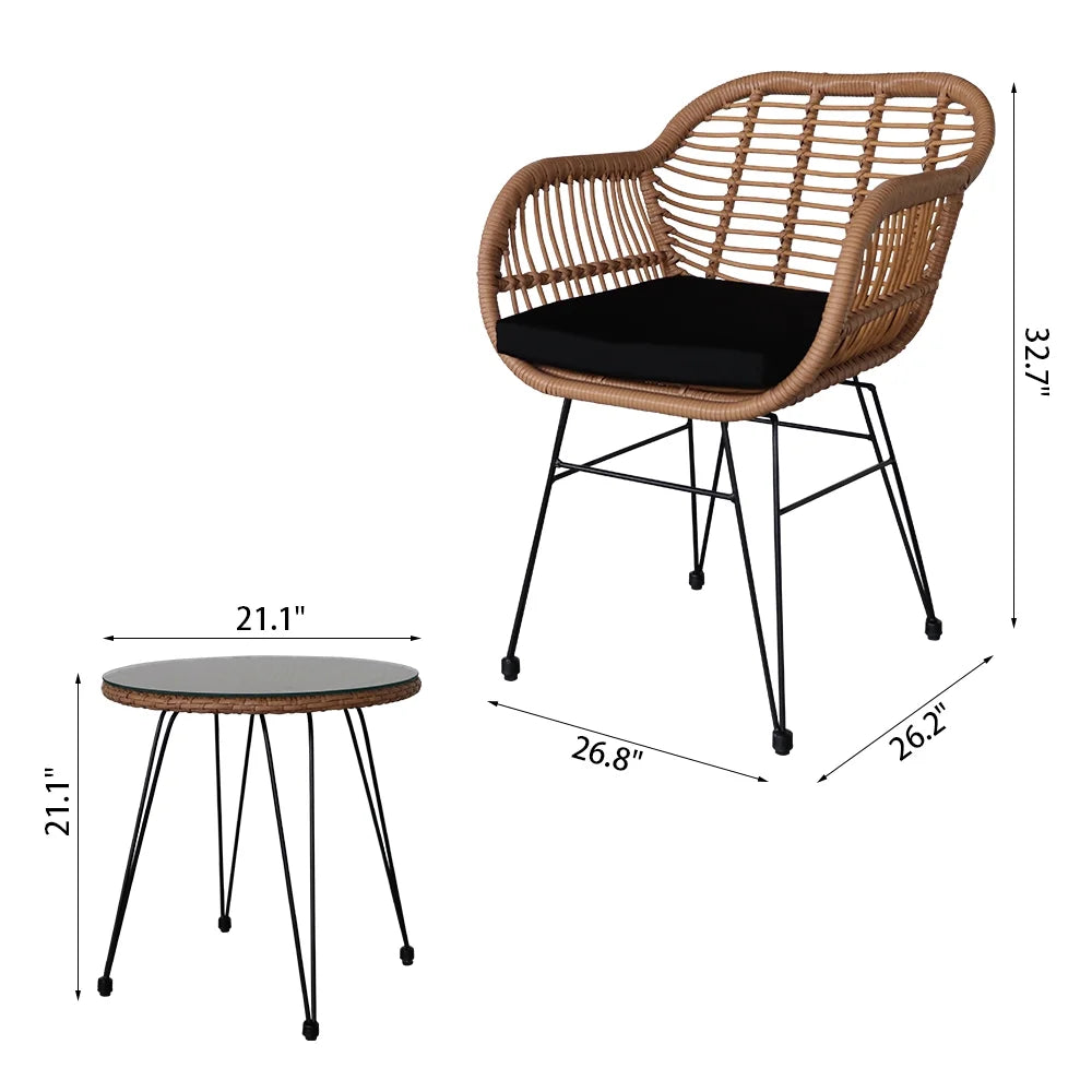 3 Piece Wicker Patio Conversation Set with Glass Side Table and Cushioned Chairs M1753