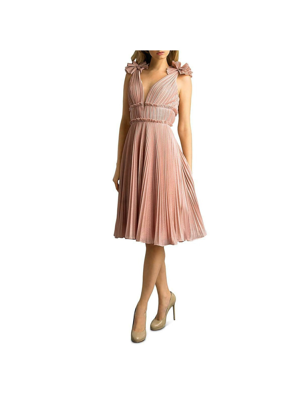 Pink Pleated Spaghetti Strap V Neck Below The Knee Fit + Flare Dress U306