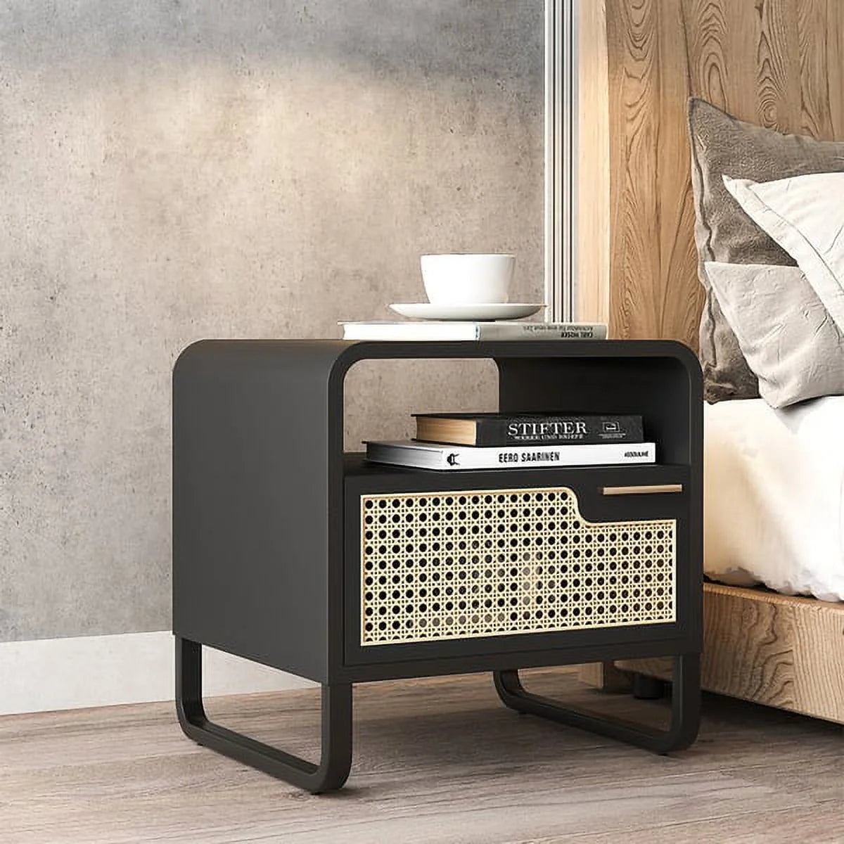 Black Rattan Woven Nightstand with 1 Drawer G938