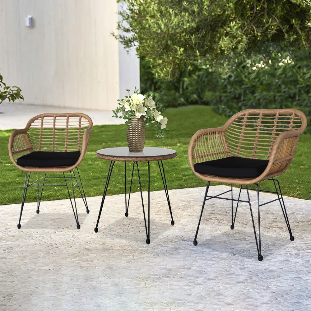 3 Piece Wicker Patio Conversation Set with Glass Side Table and Cushioned Chairs M1753