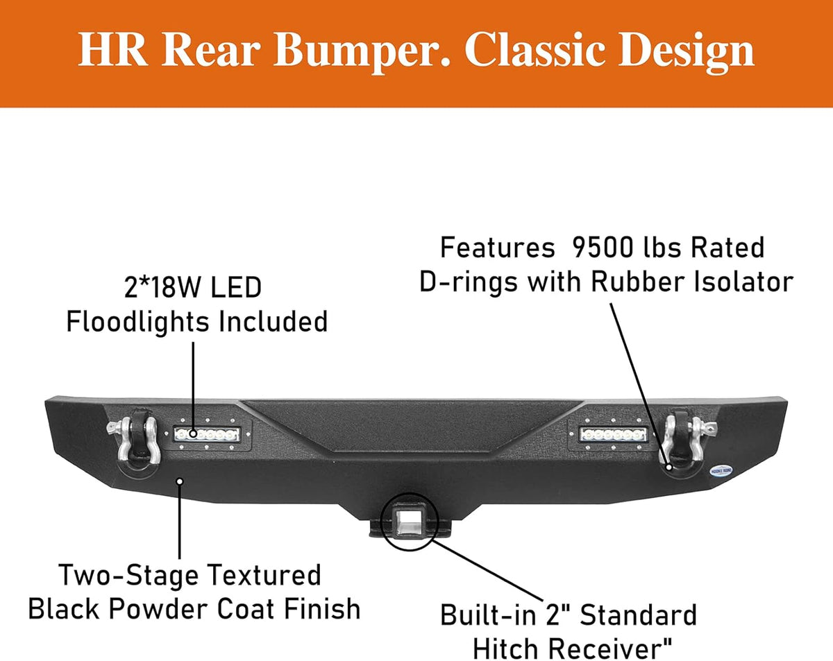 Front & Rear Bumpers Kit with Winch Plate & Hitch Receiver & LED Lights for Jeep Wrangler JK 2007-2018 O115