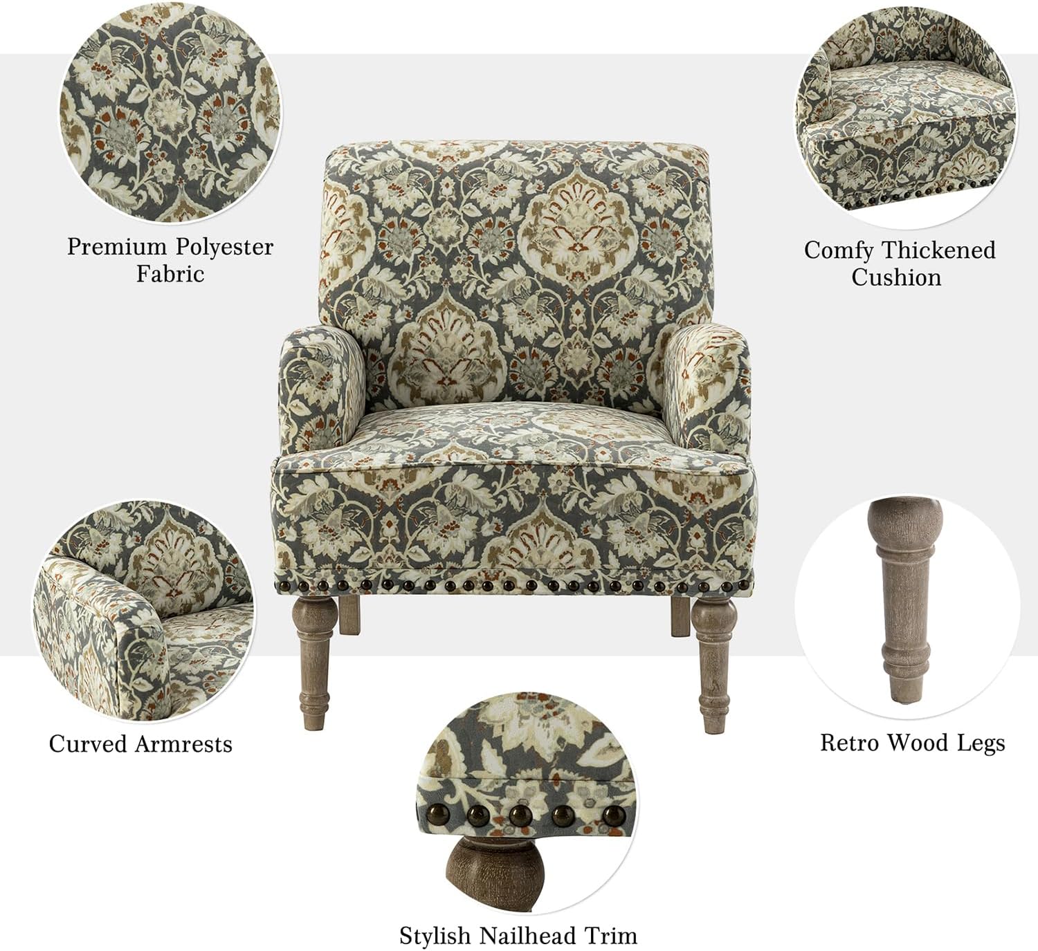 Armchair with Wood Legs & Nailhead Trim, Floral Pattern R2890