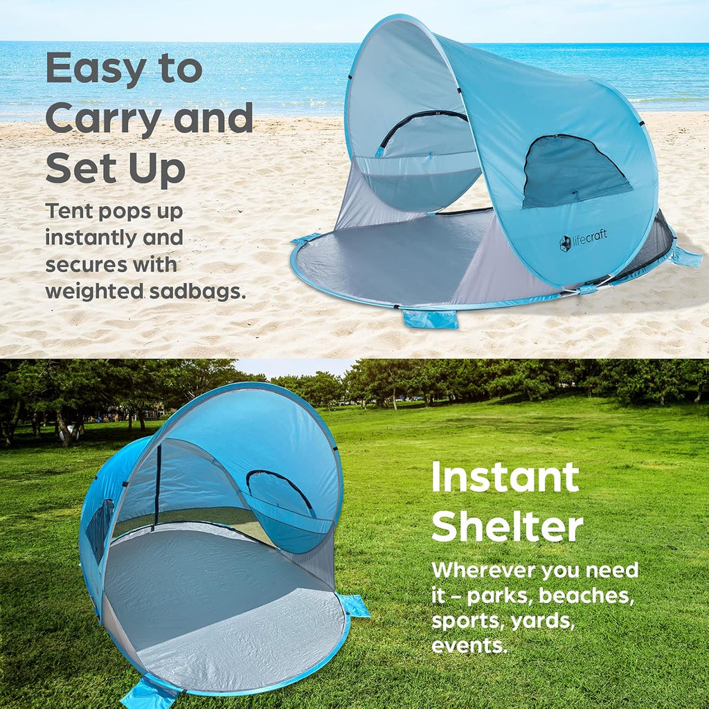 Blue Pop Up Beach Tent 3 4 Person Sun Shelter with UPF 50+ UV Protection F966