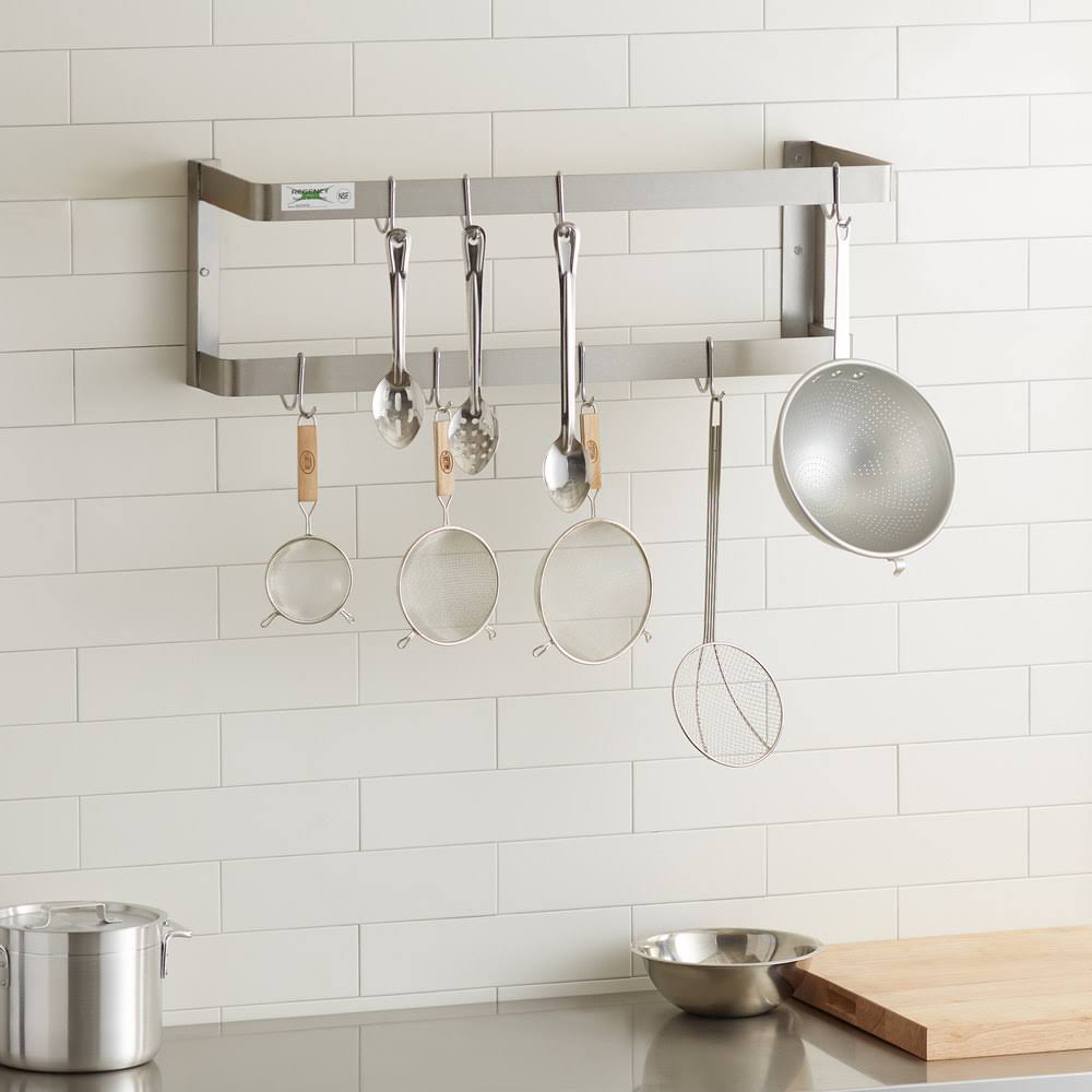 36x22 Stainless Steel Wall Mounted Double Line Pot Rack with 18 Galvanized Double Prong Hooks L657621
