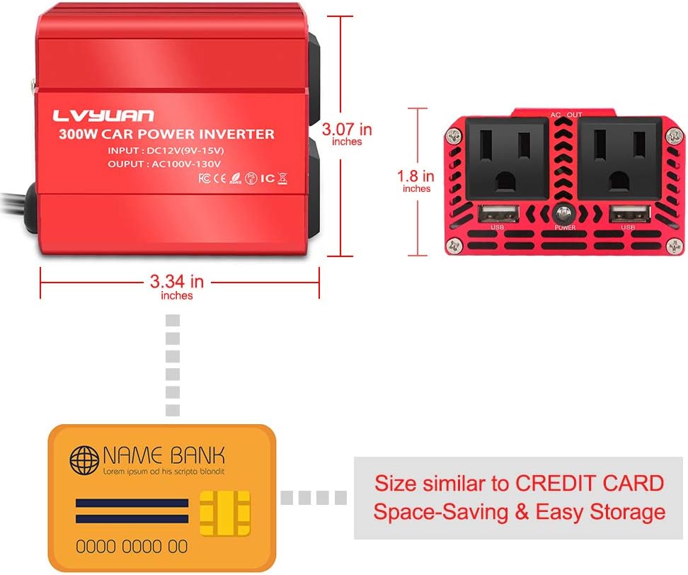 300W Power Inverter DC 12V to 110V AC with Dual USB Car Adapter K589288