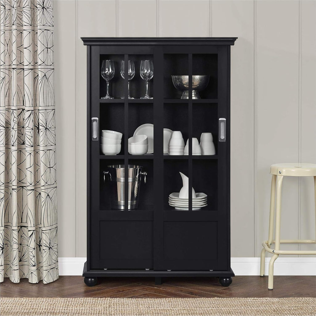 Black Bookcase with Sliding Glass Doors P7960