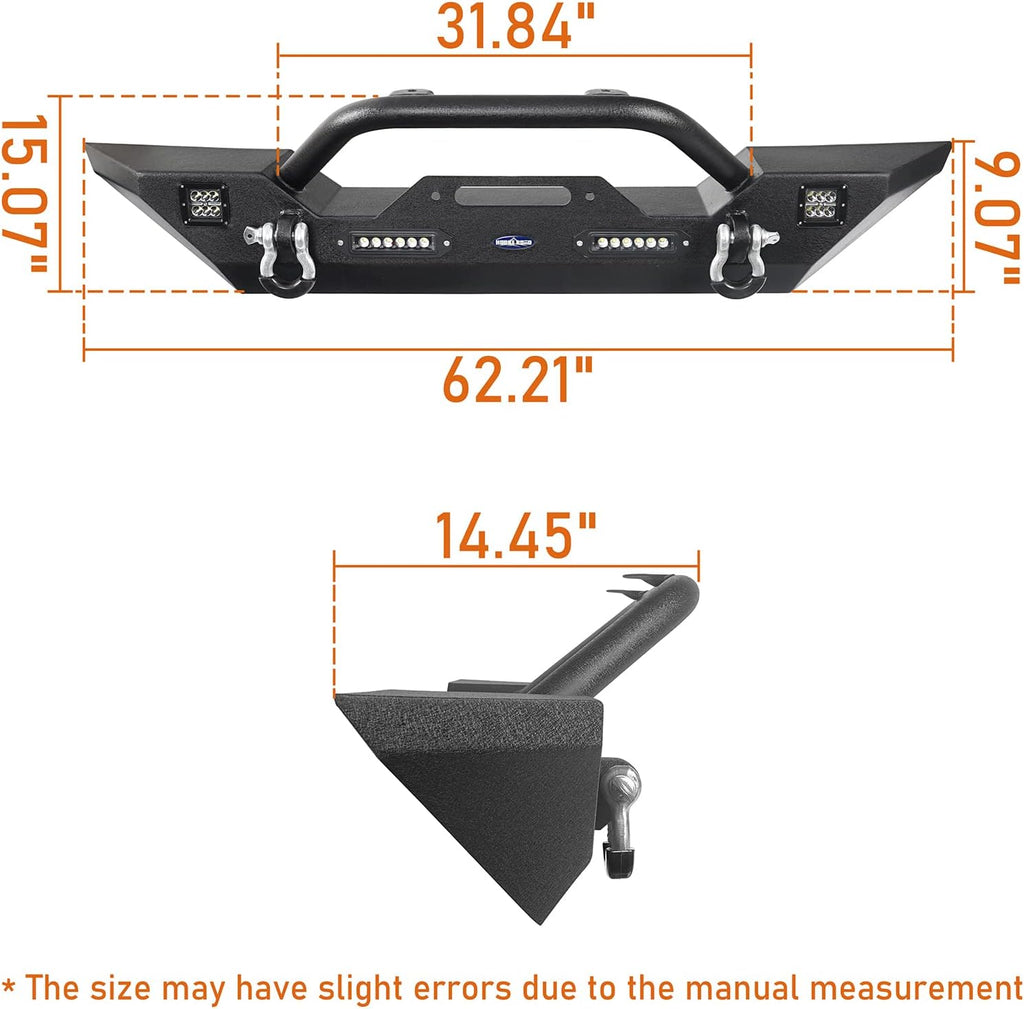 Front & Rear Bumpers Kit with Winch Plate & Hitch Receiver & LED Lights for Jeep Wrangler JK 2007-2018 O115