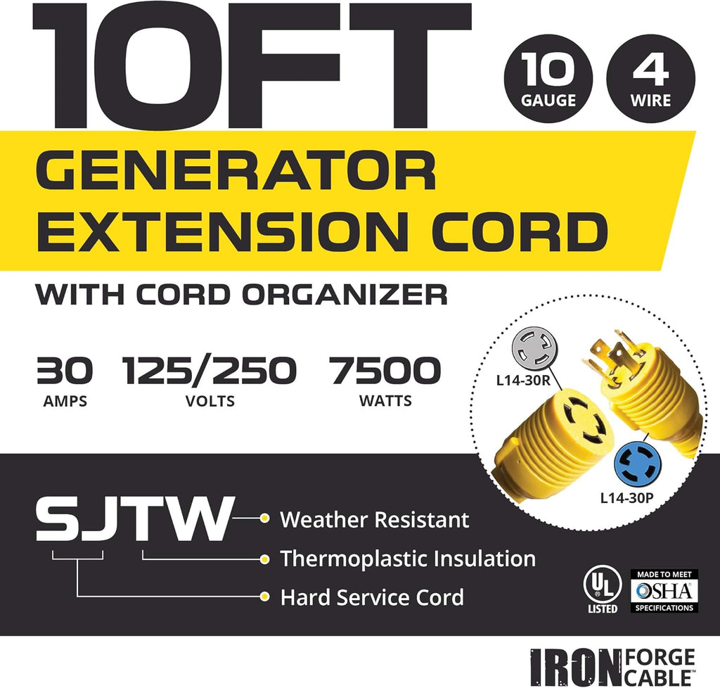 20 Ft 10/4 SJTW Generator Power Cable, 125/250v, 7500 Watt, Pack of 2 X228