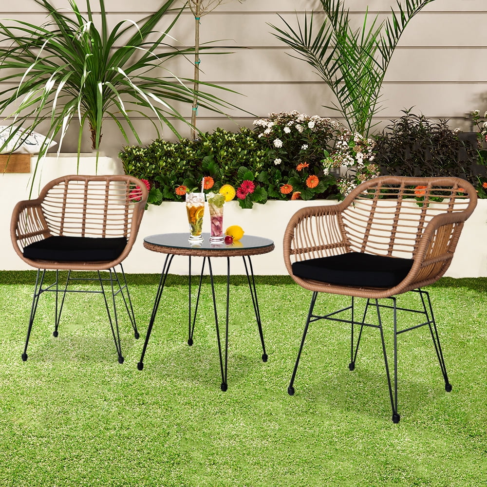 3 Piece Wicker Patio Conversation Set with Glass Side Table and Cushioned Chairs M1753