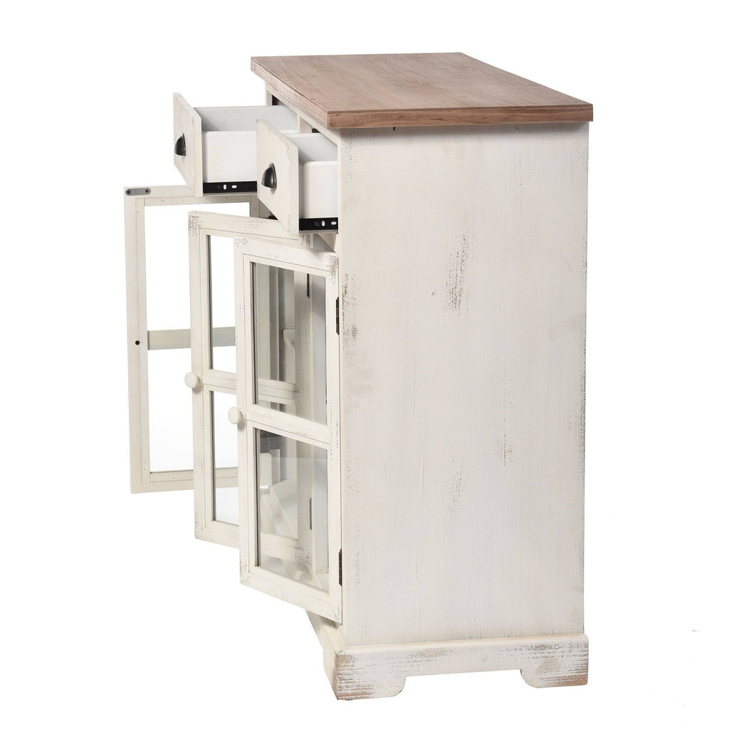 3 Door 2 Drawer Shabby Chic Window Pane Cabinet Antique White Natural B3555