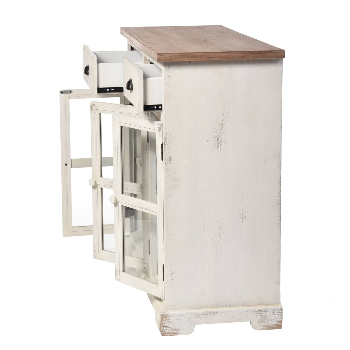 3 Door 2 Drawer Shabby Chic Window Pane Cabinet Antique White Natural B3555