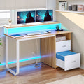 47 inch Computer Desk with Storage Drawers & LED Light, Monitor Stand & Power Outlets V725574