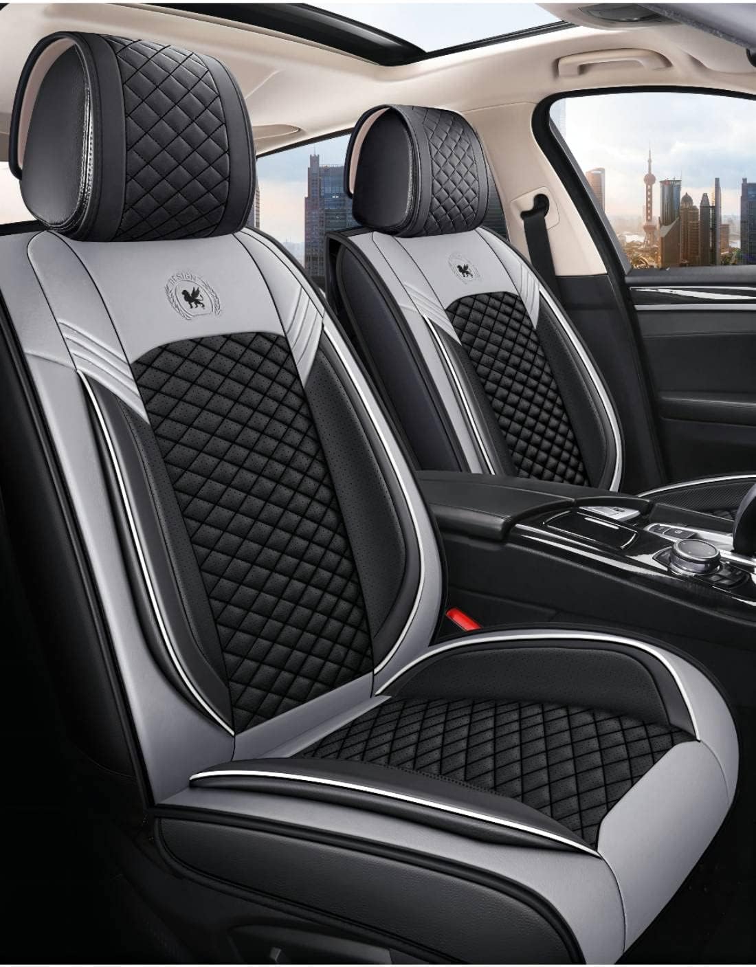Lu Black & Red Leather Car Seat Covers 5 Seats Full Set R57476