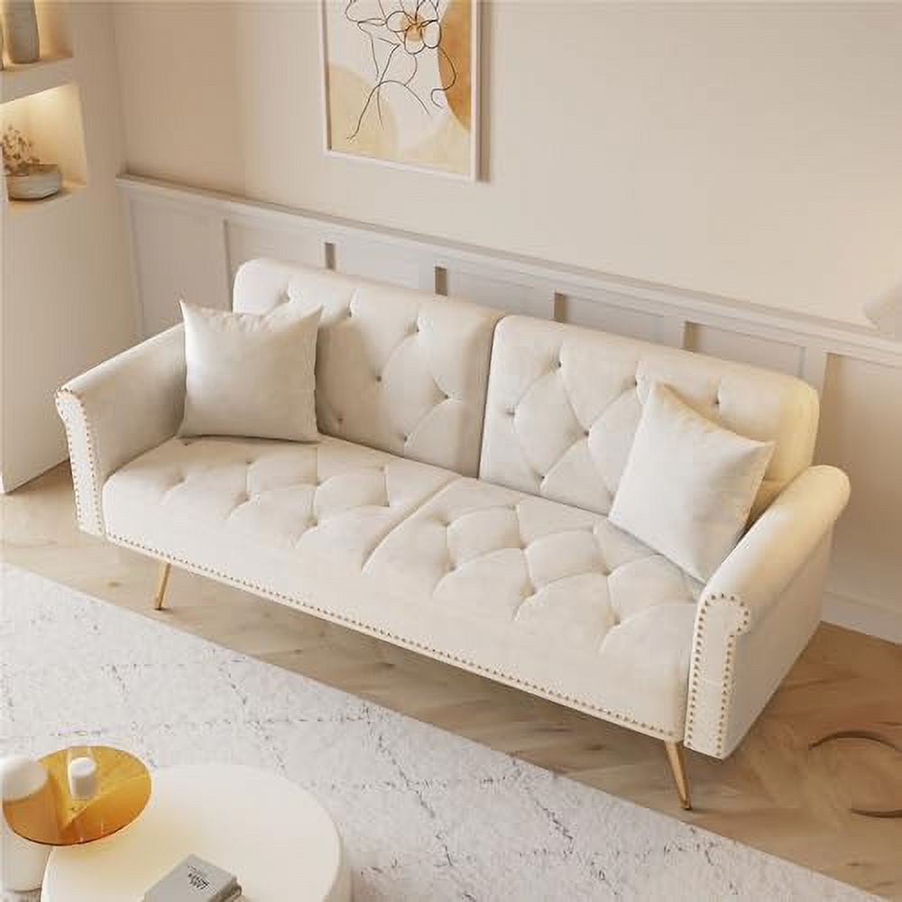 Beige Velvet Convertible Futon Sofa Bed with Two Pillows D686834