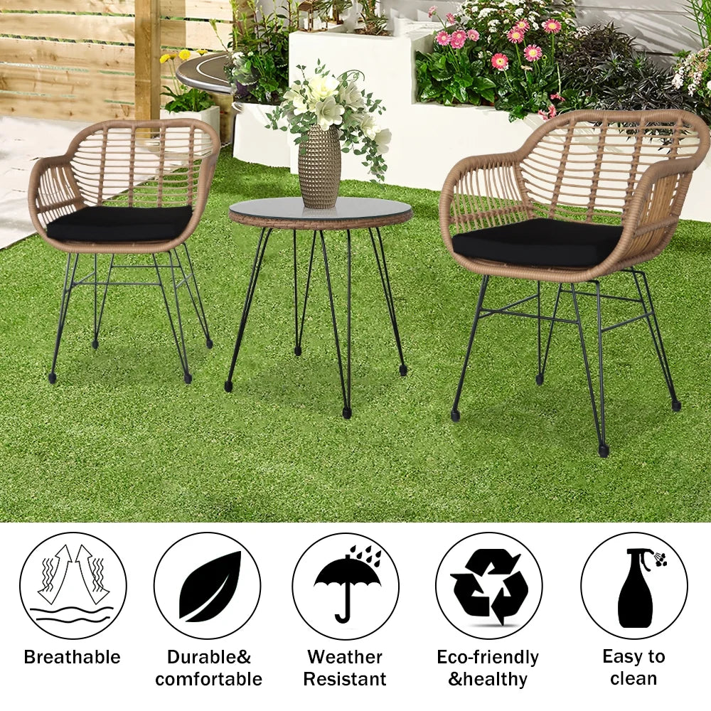 3 Piece Wicker Patio Conversation Set with Glass Side Table and Cushioned Chairs M1753