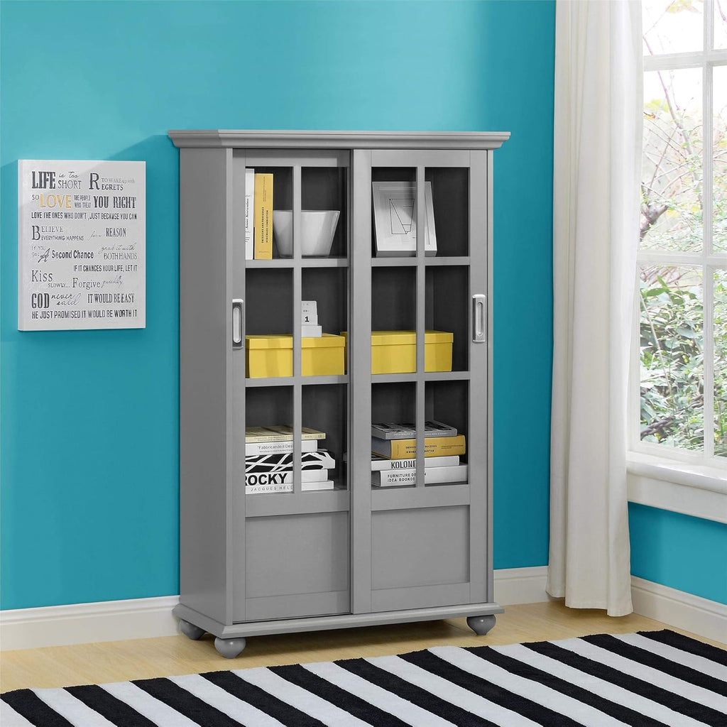 Black Bookcase with Sliding Glass Doors P7960
