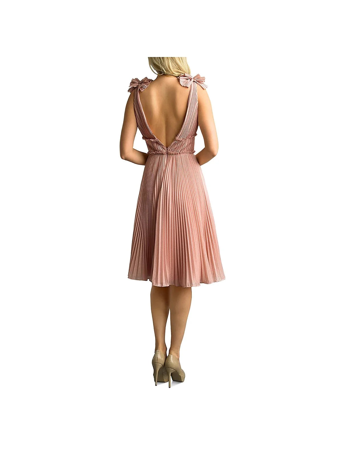 Pink Pleated Spaghetti Strap V Neck Below The Knee Fit + Flare Dress U306