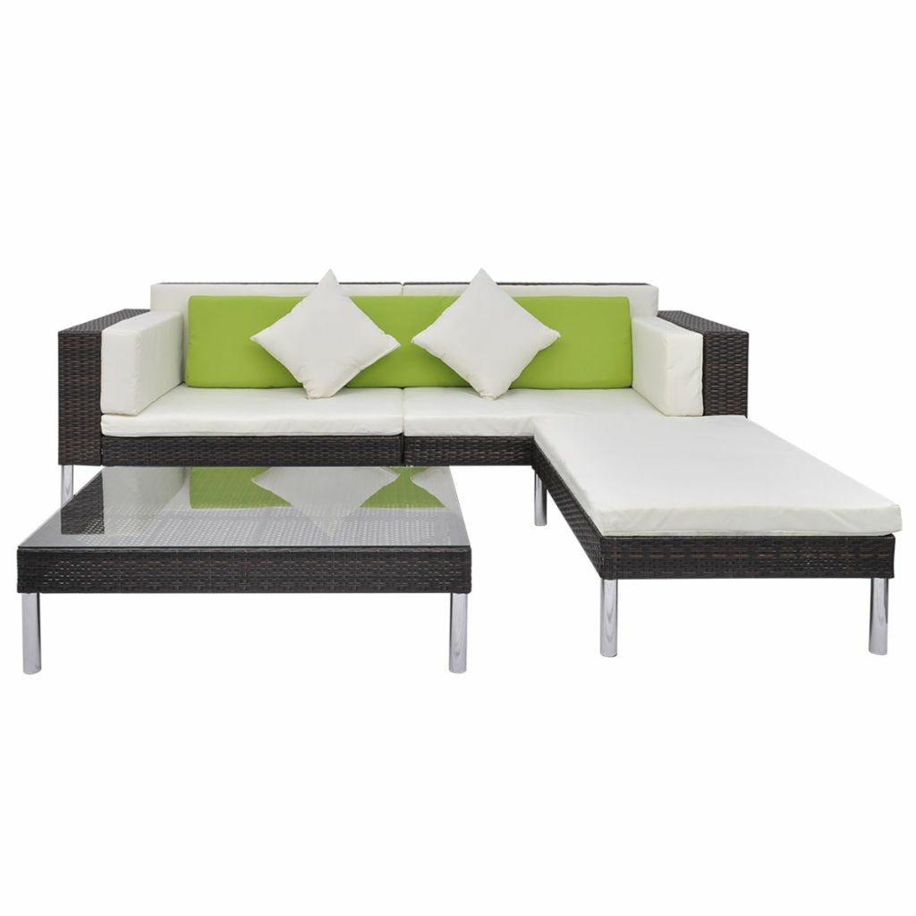 4 Piece Outdoor Conversation Set Cushioned Corner Sofa with Ottoman and Coffee Table Sectional Sofa Set Brown Poly Rattan O53420