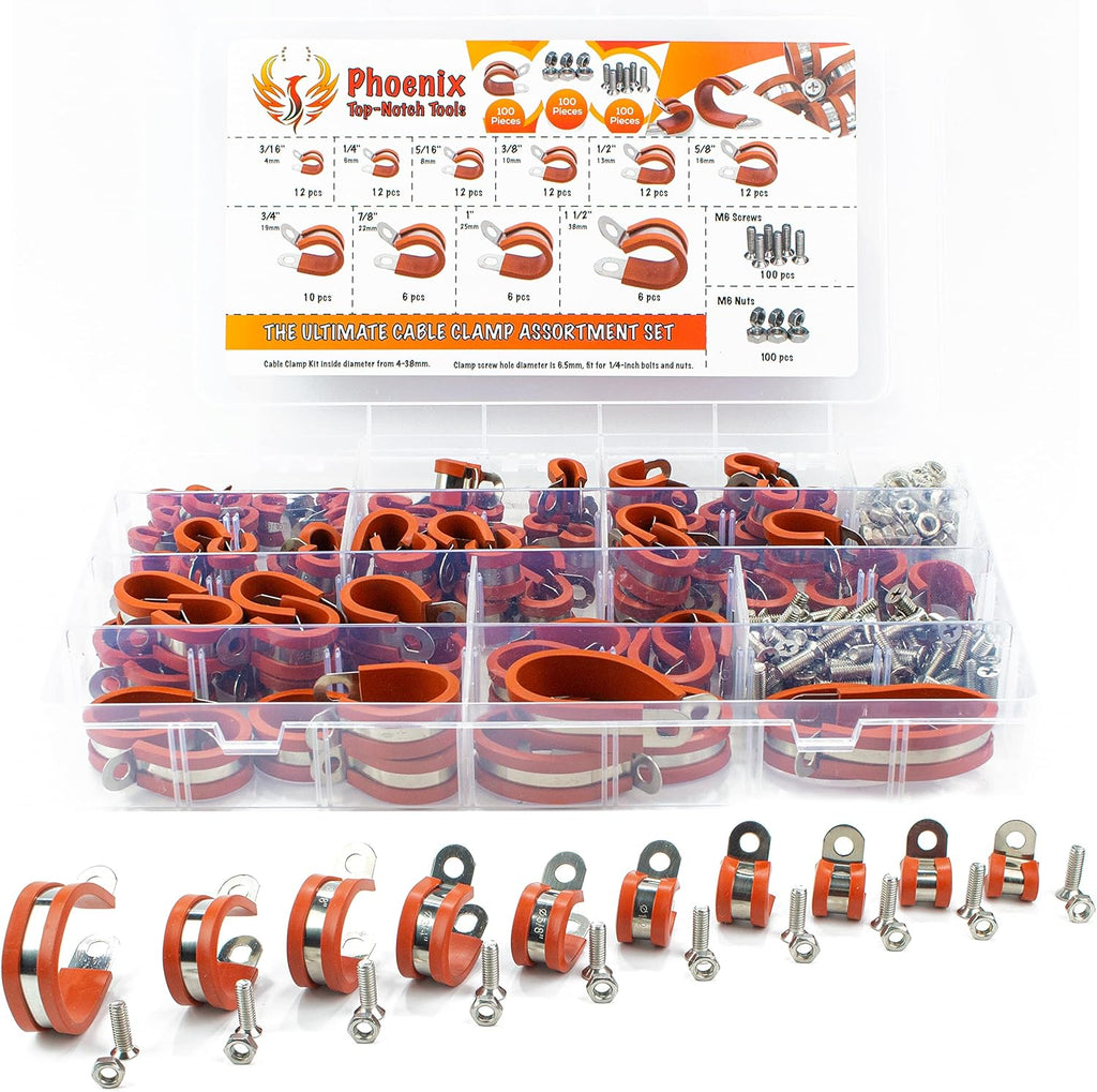 100pcs 304 Stainless Steel Rubber Insulated Cable Clamps 10 Sizes S940777