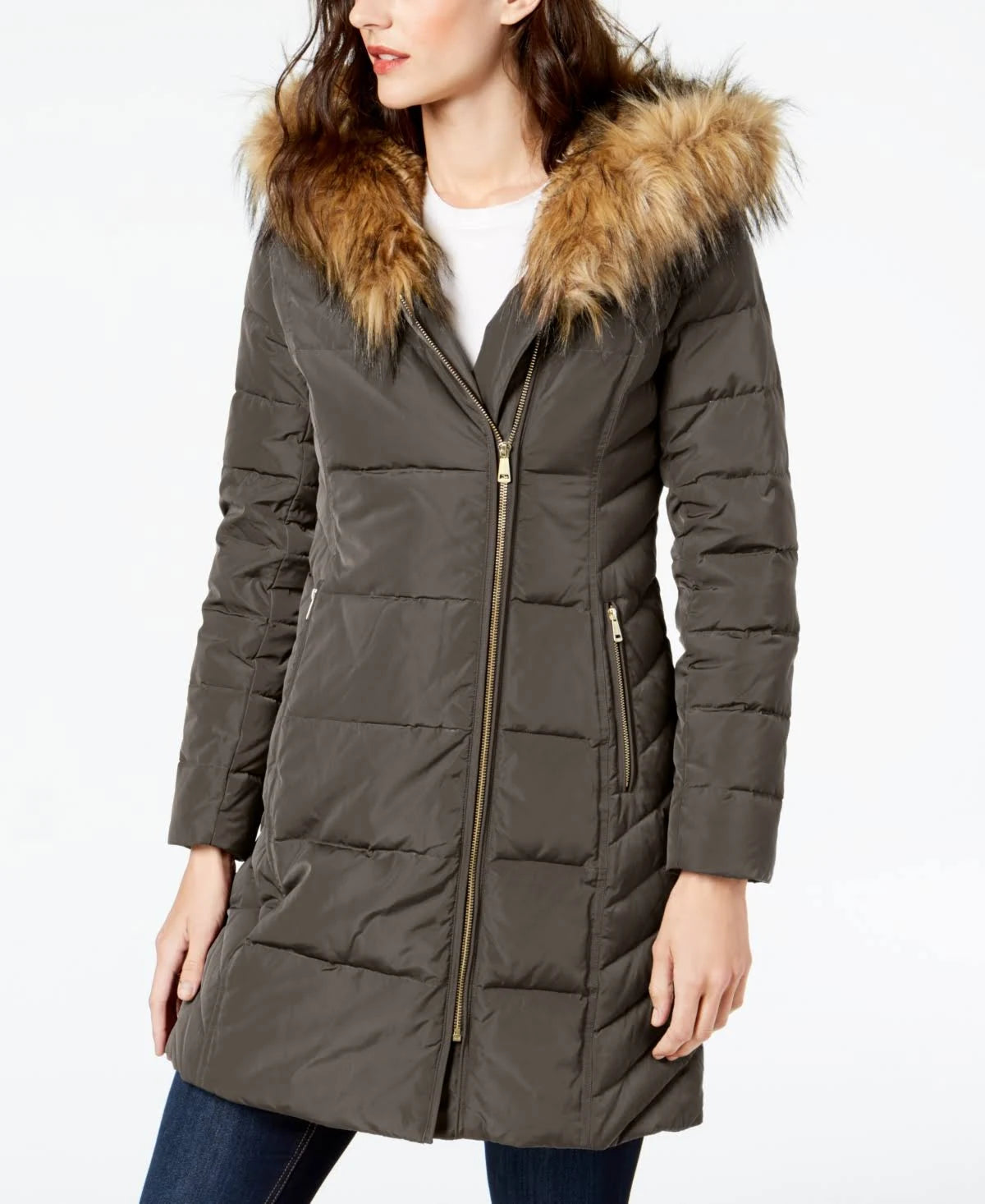 Faux-Fur-Trim Hooded Asymmetrical Down Puffer Coat C352689