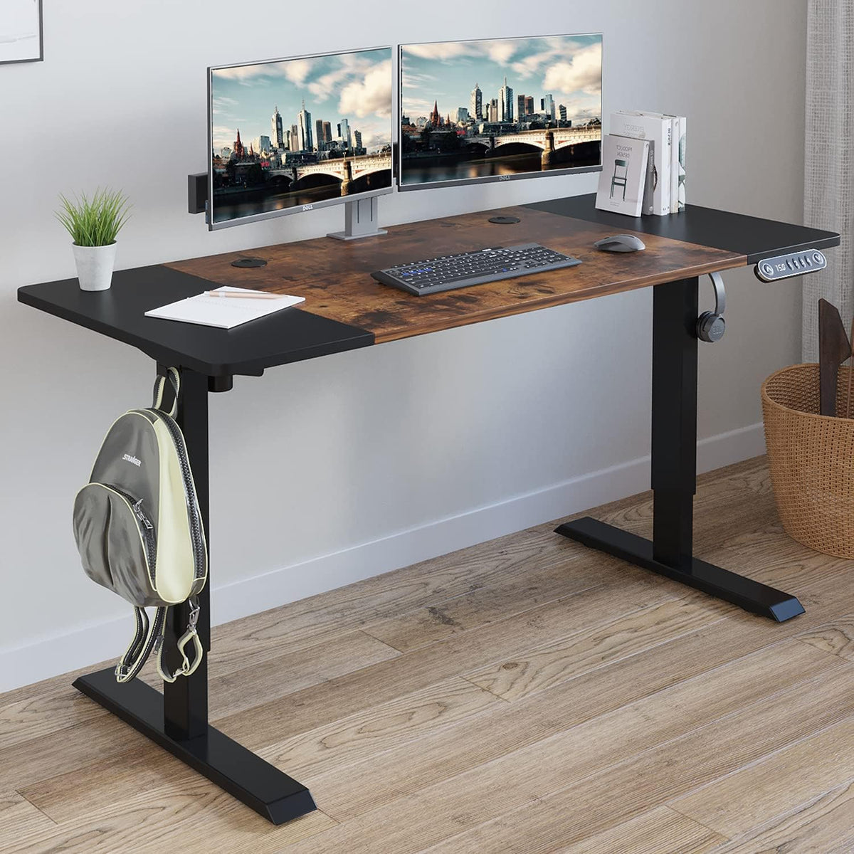 Rustic Brown Black Frame Electric Standing Desk 48 x 24 Inches Y8963