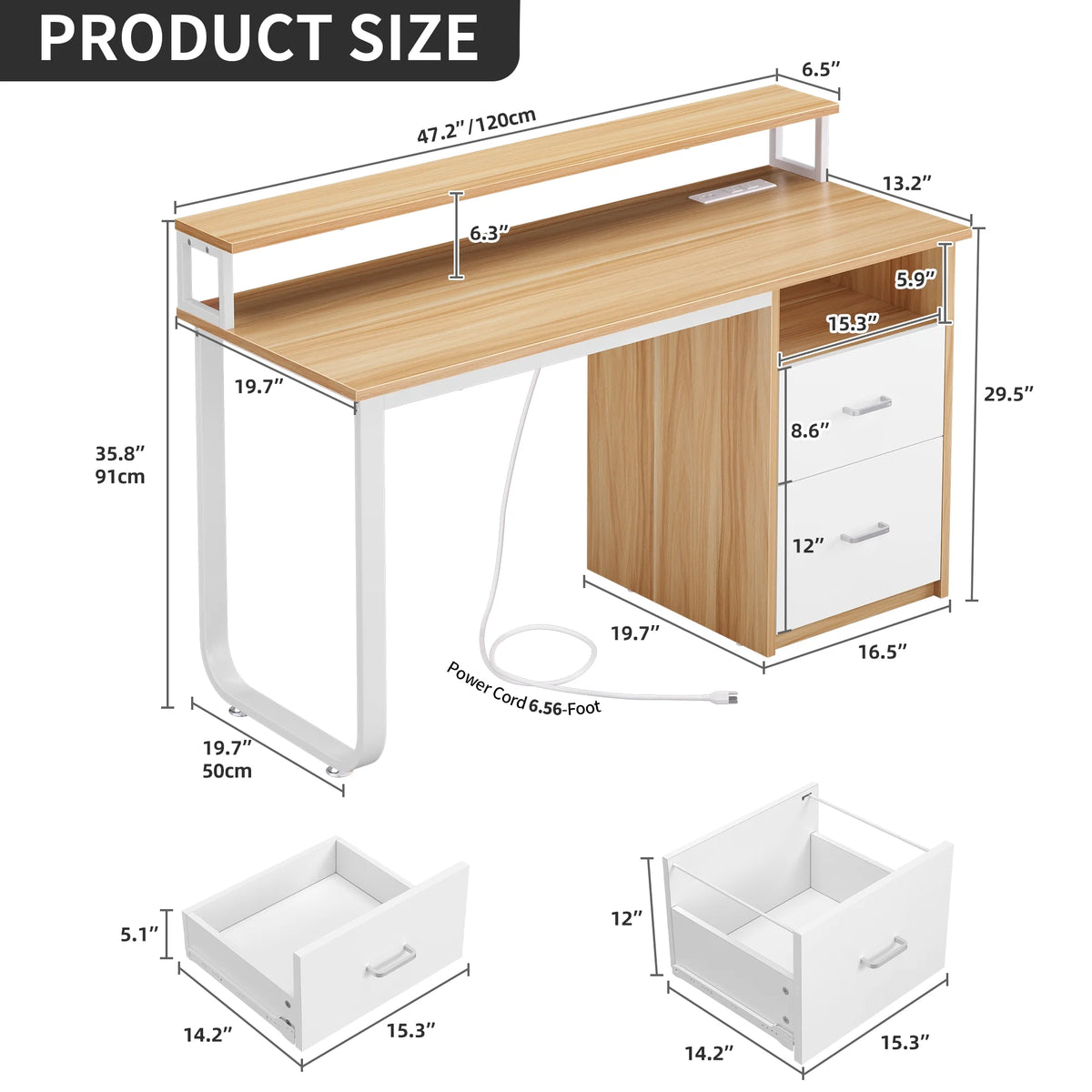 47 inch Computer Desk with Storage Drawers & LED Light, Monitor Stand & Power Outlets V725574