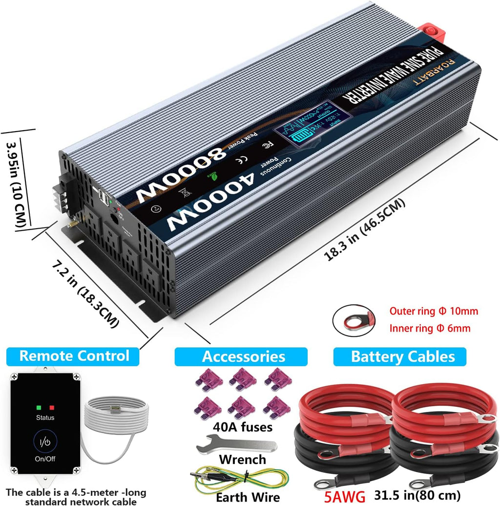 4000Watt 12V DC to AC 110V Power Inverter with Remote Control 4 AC Outlets and Dual USB Port F4216