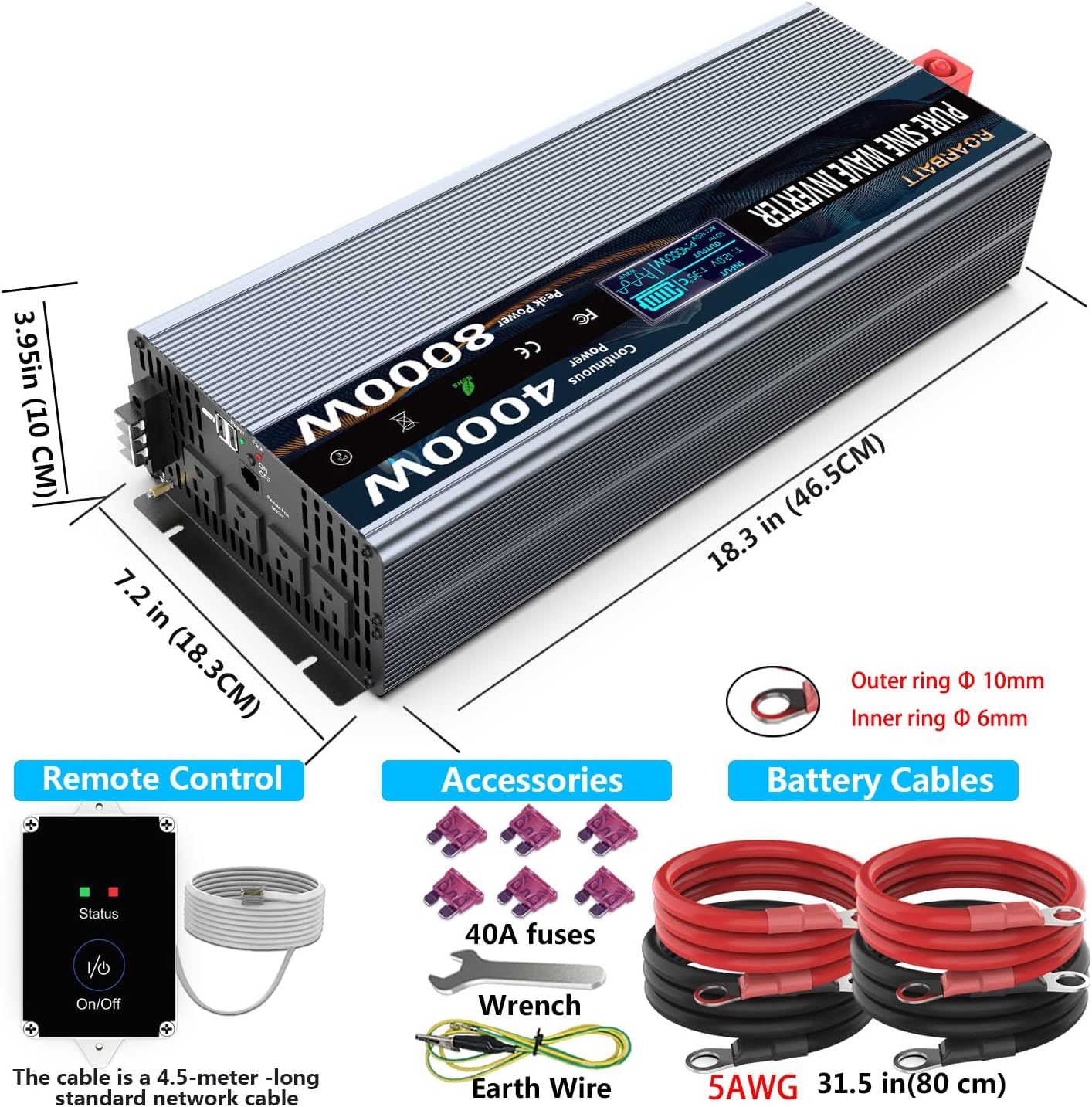 4000Watt 12V DC to AC 110V Power Inverter with Remote Control 4 AC Outlets and Dual USB Port F4216
