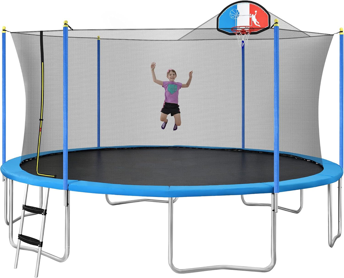 8FT 10FT 14FT 15FT 16FT Trampoline with Safety Enclosure Net, Basketball Hoop and Ladder U56289