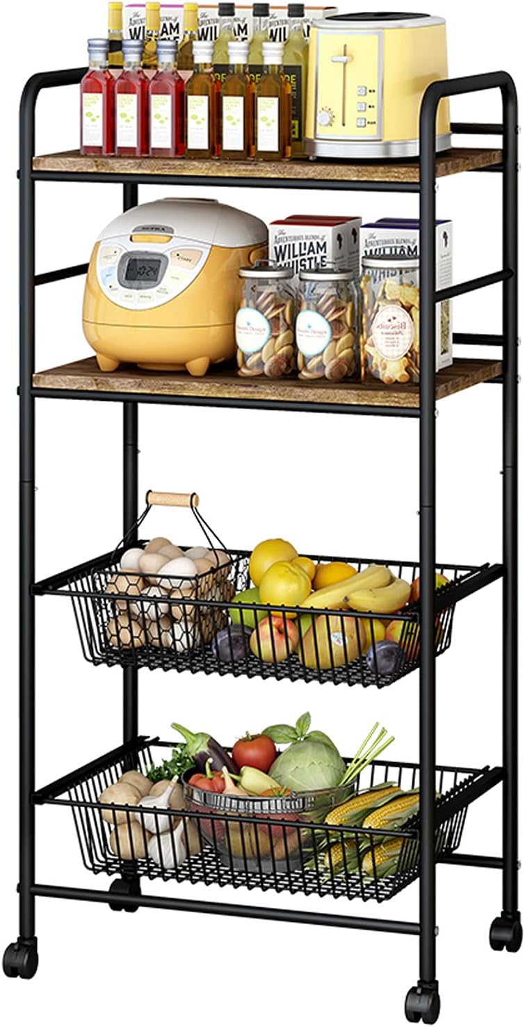 Black 4-Tier Rolling Kitchen Cart with 2 Basket Drawers A604