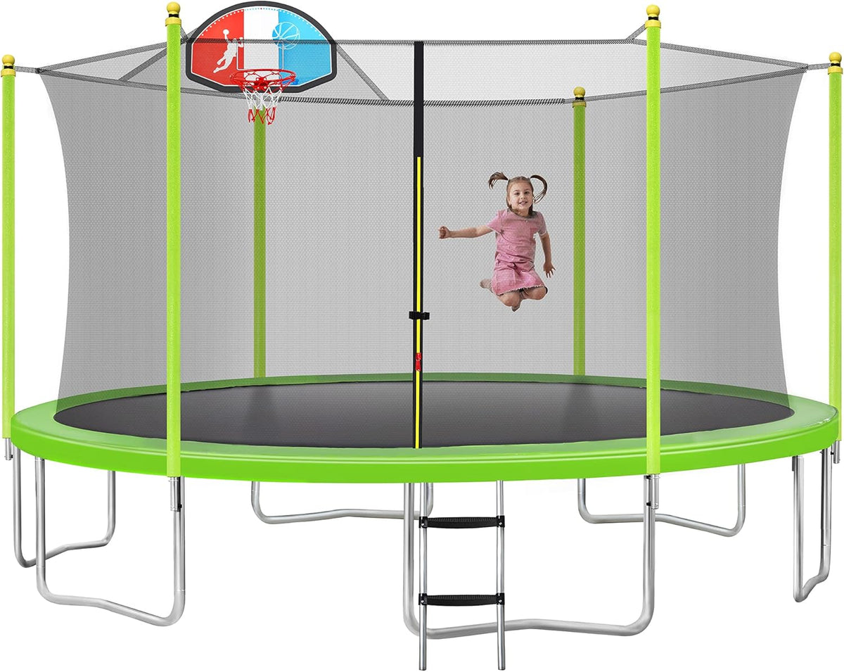 8FT 10FT 14FT 15FT 16FT Trampoline with Safety Enclosure Net, Basketball Hoop and Ladder U56289