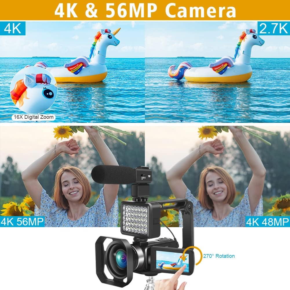 4K UHD 56MP Vlogging Camera with Microphone, 16X Zoom, 3.0 Touch Screen, IR Night Vision, Wi-Fi J76333