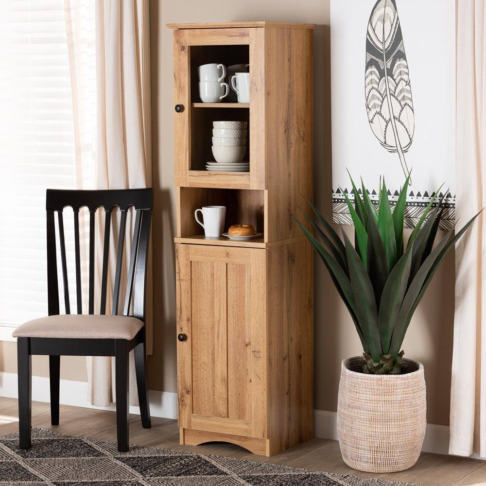 Oak Brown Finished Wood Buffet and Hutch Kitchen Cabinet Y869368