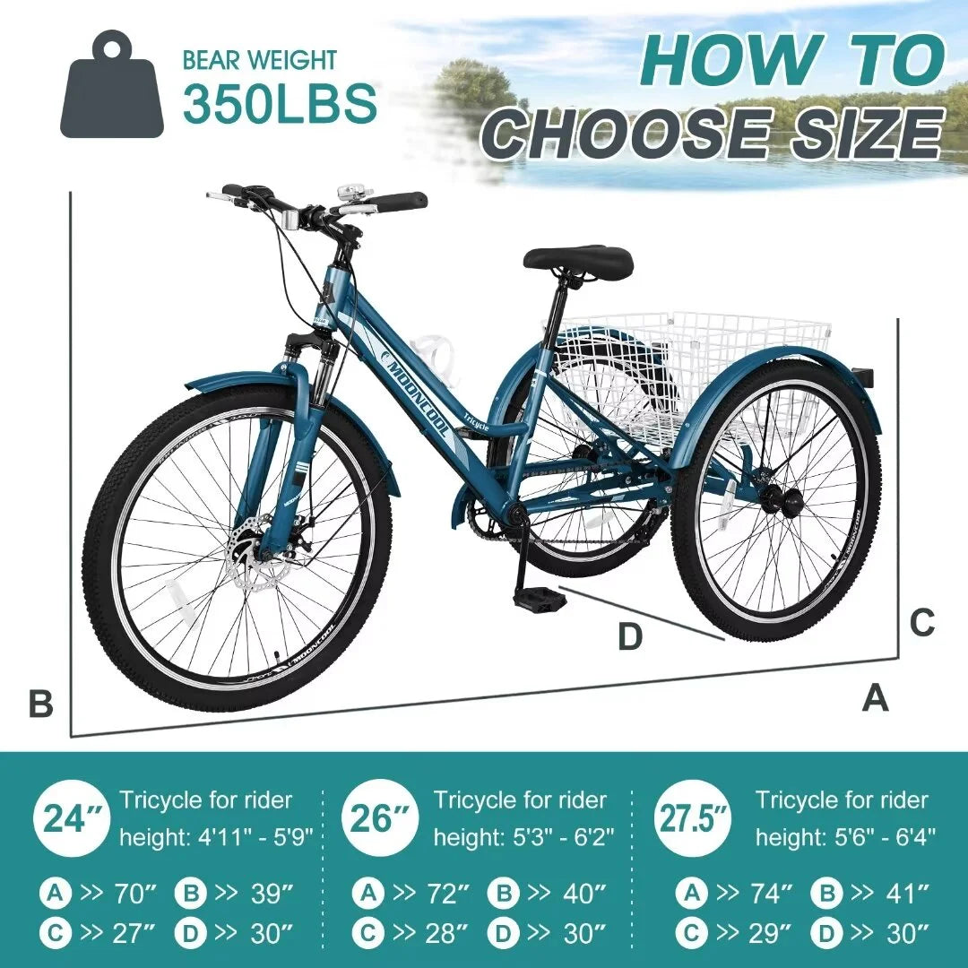 Adult Tricycle 7 Speed 26 Inch Three Wheel Bike with Shopping Basket D802392
