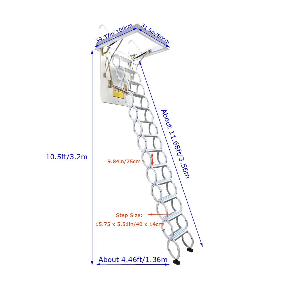Attic Pull Down Ceiling Ladder Stairs Retractable Folding Extension Loft Stairs Ti-Mg Alloy White 31.5*39.37in Max. 10.5ft Height B135826