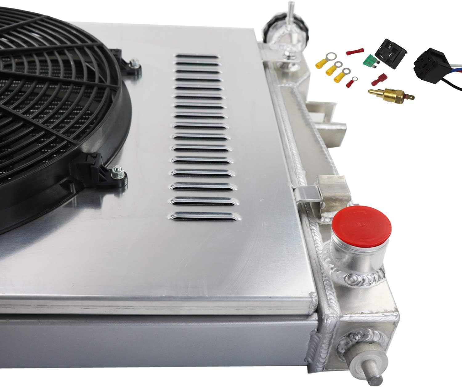 2 Row All Aluminum Radiator with Shroud Fan and Thermostat Relay Kits X454368