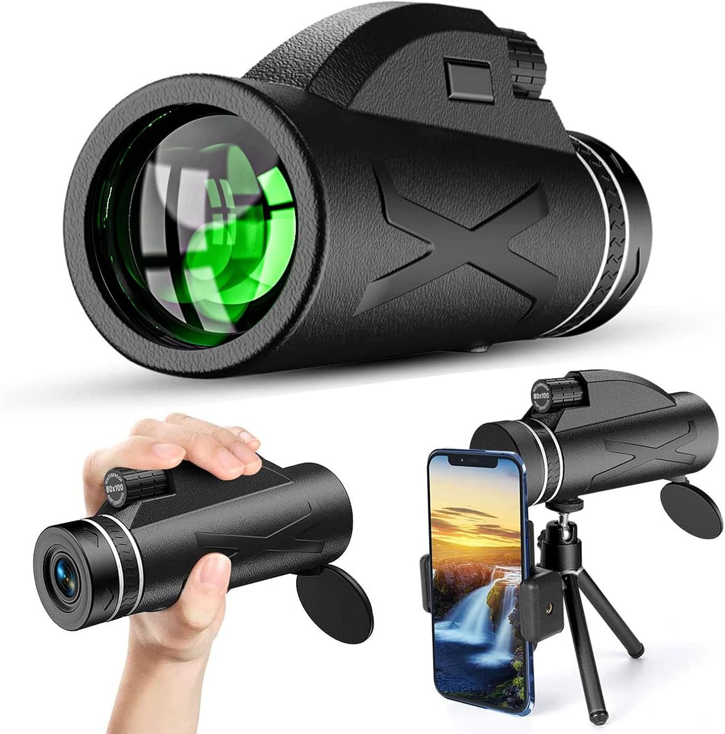 80X100 High Power Compact Monocular Telescope with Smartphone Holder & Tripod H877