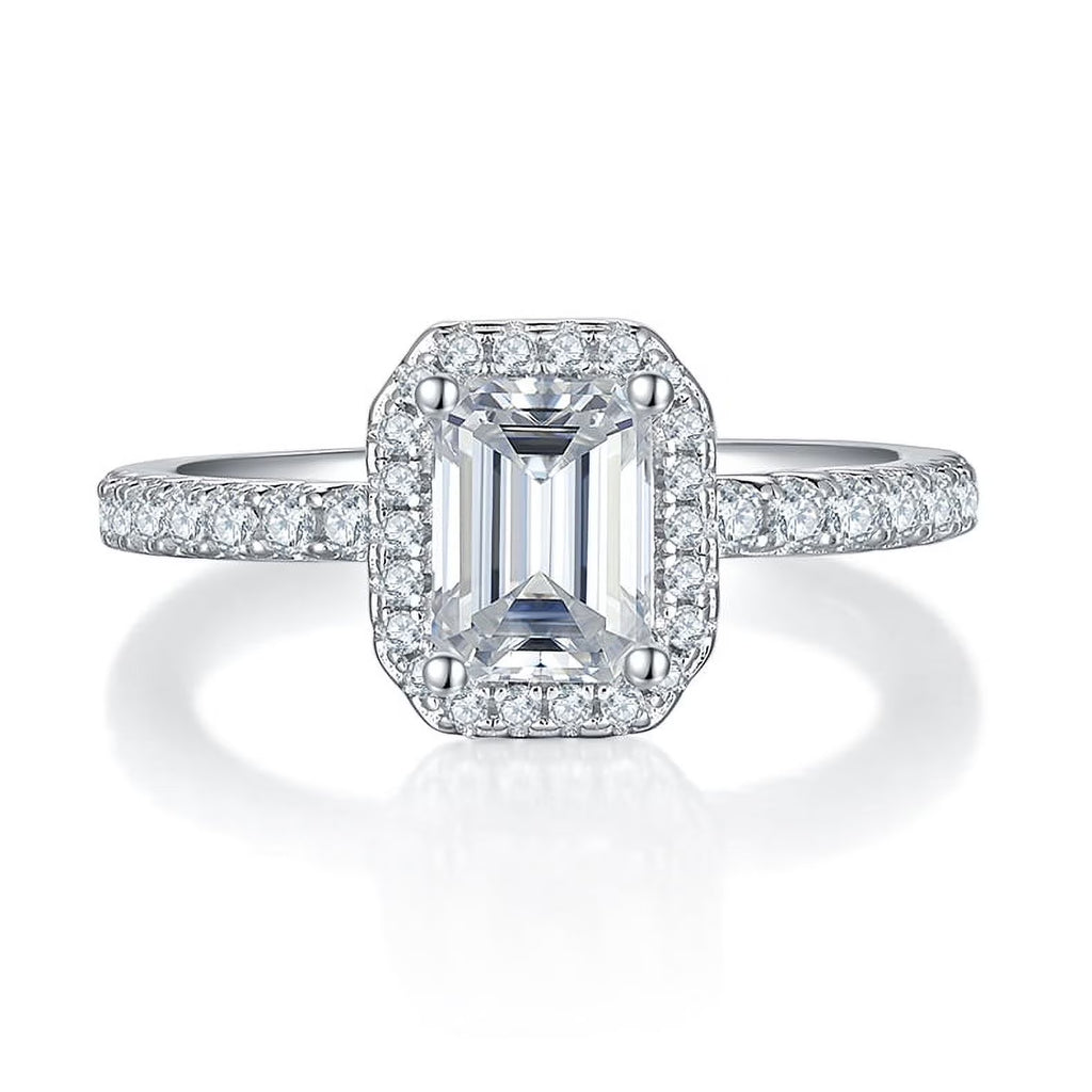 18k White Gold over Silver Emerald Cut Moissanite Engagement Ring A9327