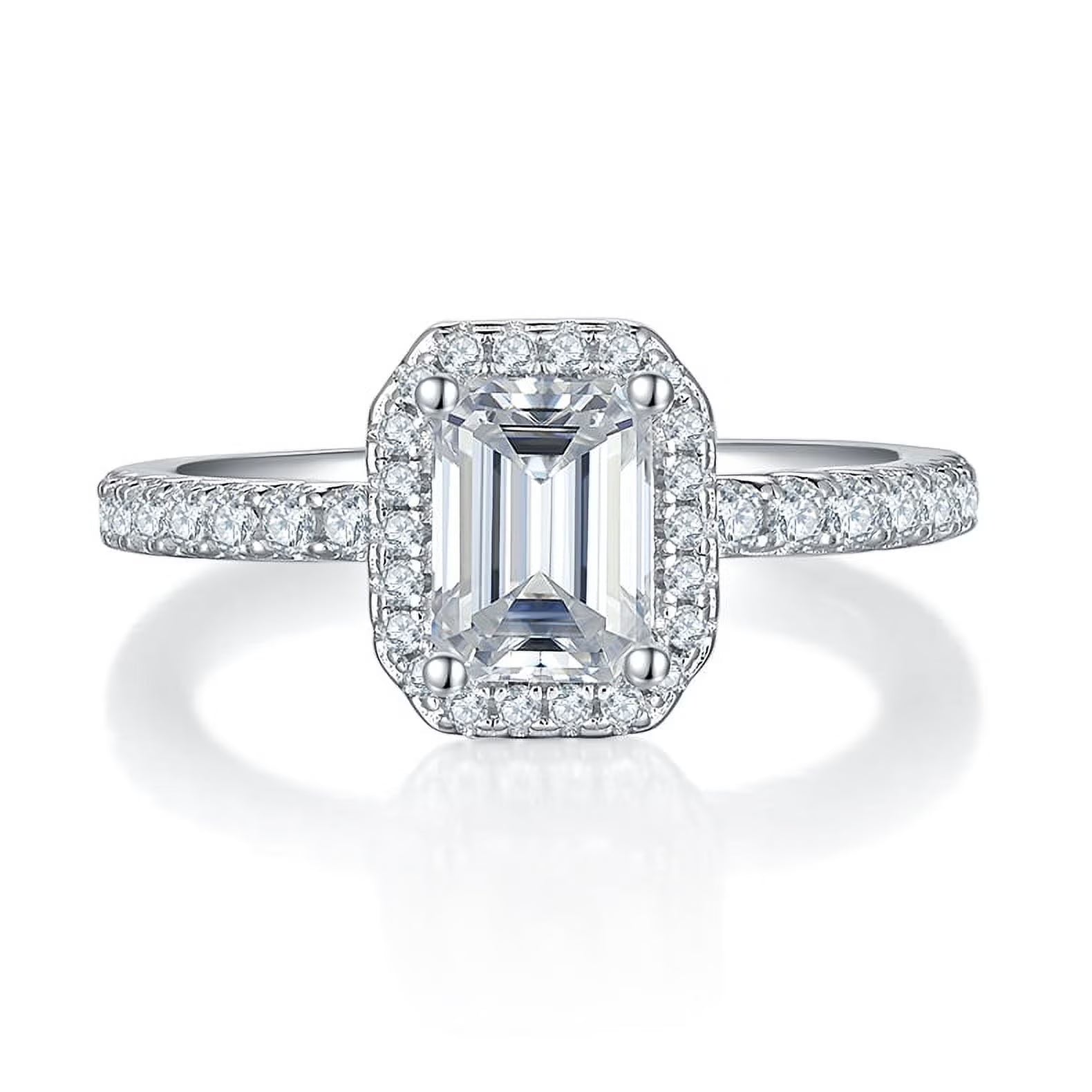 18k White Gold over Silver Emerald Cut Moissanite Engagement Ring A9327