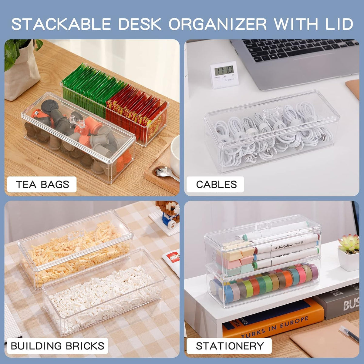 Plastic Electronics Organizer with Lid and 20 Wire Ties, Clear Cable Management Box, Stackable Desk Drawer Storage (2 Pack) V4937