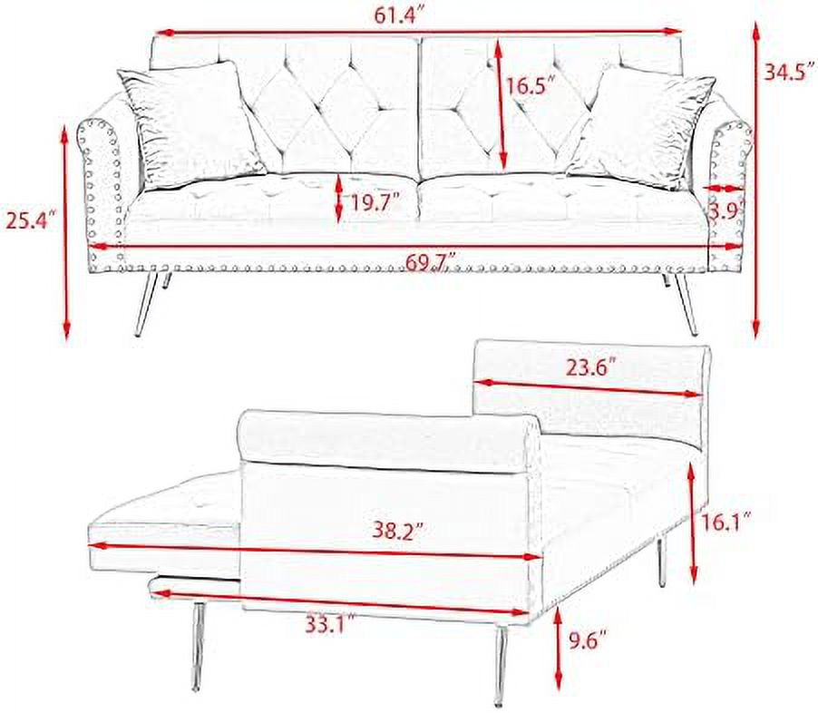 Beige Velvet Convertible Futon Sofa Bed with Two Pillows D686834