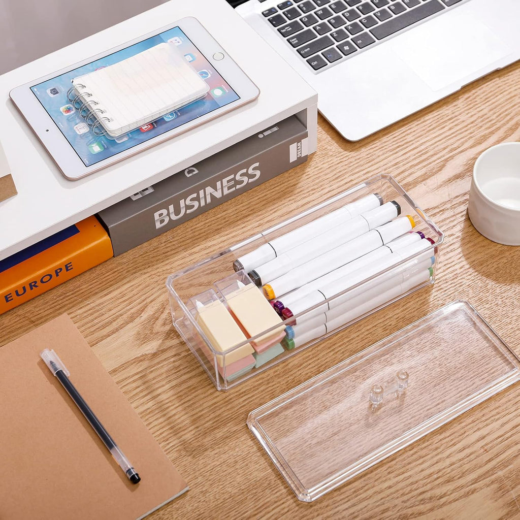 Plastic Electronics Organizer with Lid and 20 Wire Ties, Clear Cable Management Box, Stackable Desk Drawer Storage (2 Pack) V4937