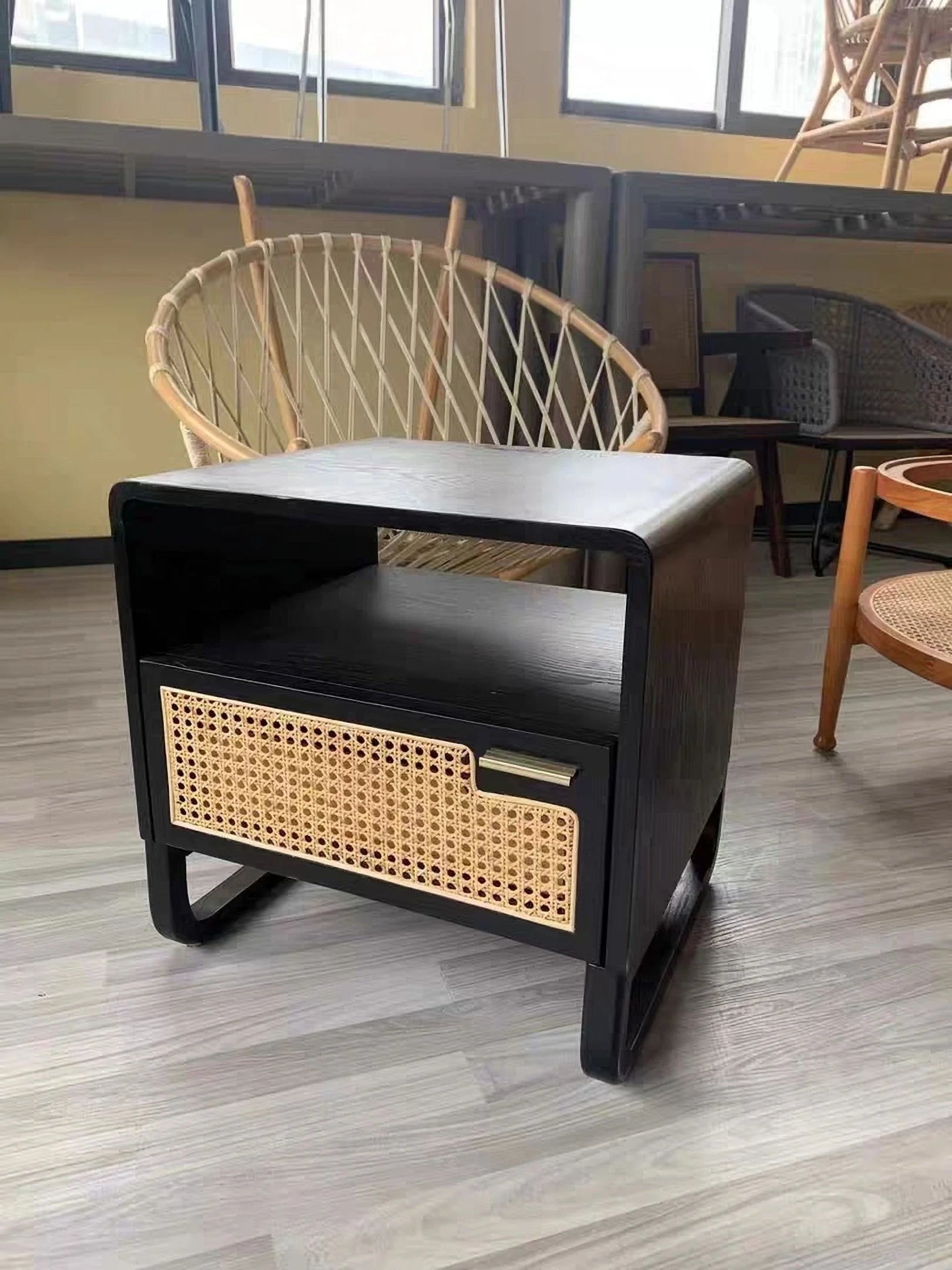 Black Rattan Woven Nightstand with 1 Drawer G938