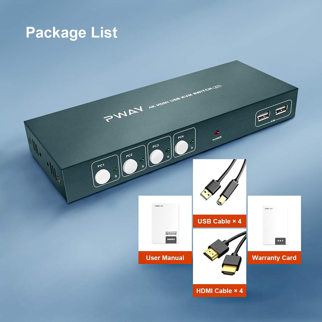 KVM Switch HDMI 4 Port Box, 4K@30Hz, with 4 USB-B and 4 HDMI Cables I23907