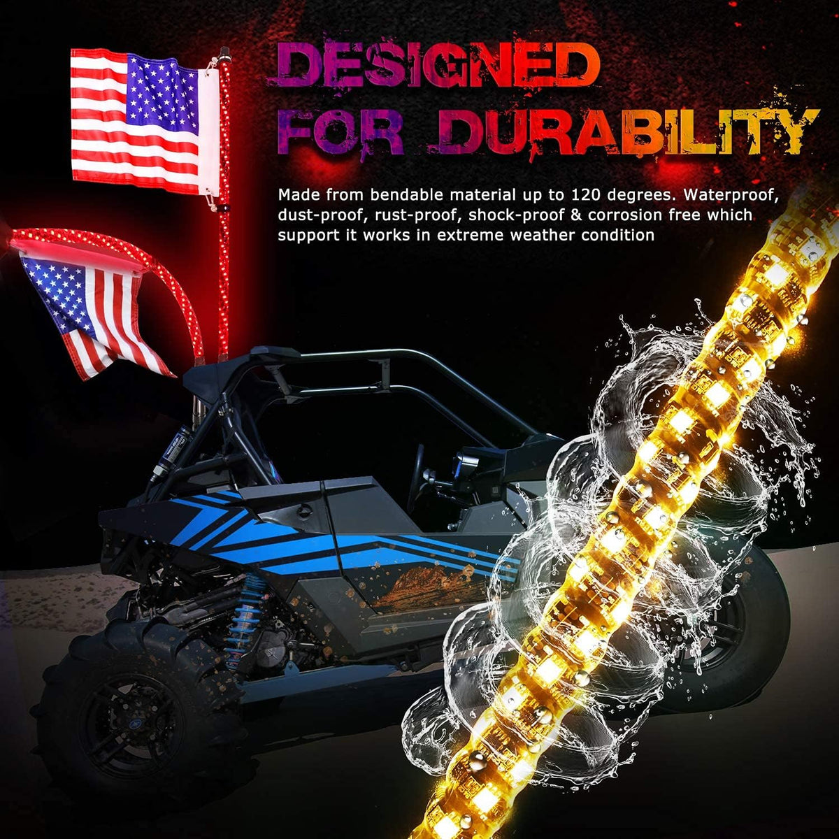 2PCS 3FT RGB Spiral LED Whip Lights for UTV ATV Offroad Trucks T306450
